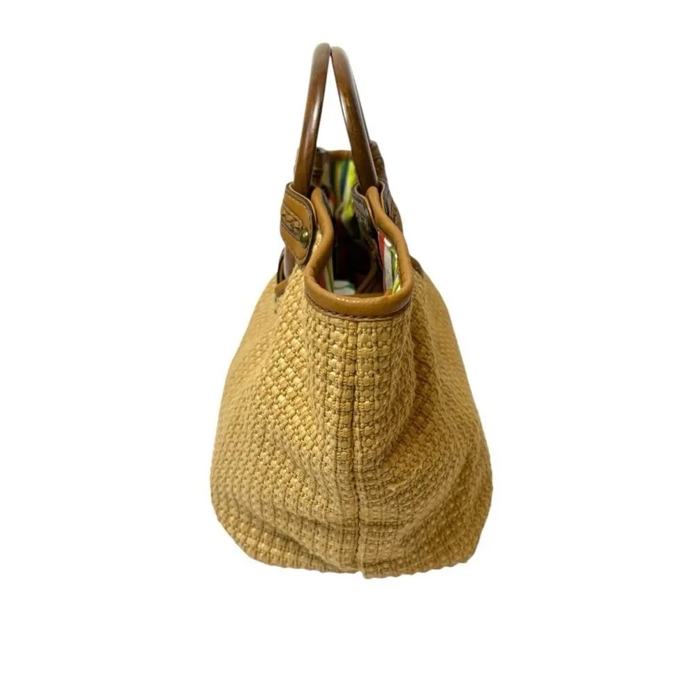 Vintage Fossil Tan Woven Straw Wood Handles Small Satchel Tote Bag Y2K 90’s Boho